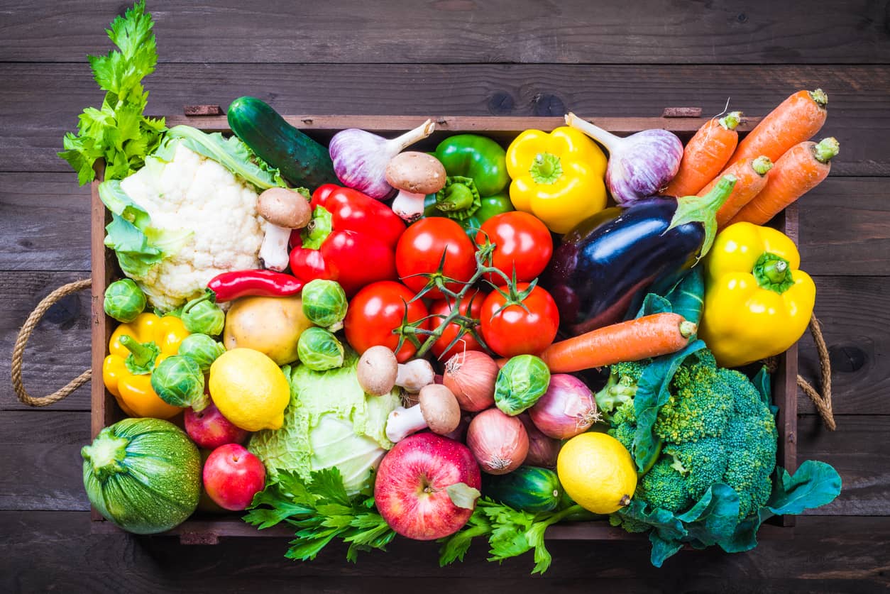 Vegetables and fruits in a basket.